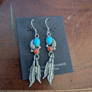 Silver Feather Earrings with Turquoise and Coral Accents